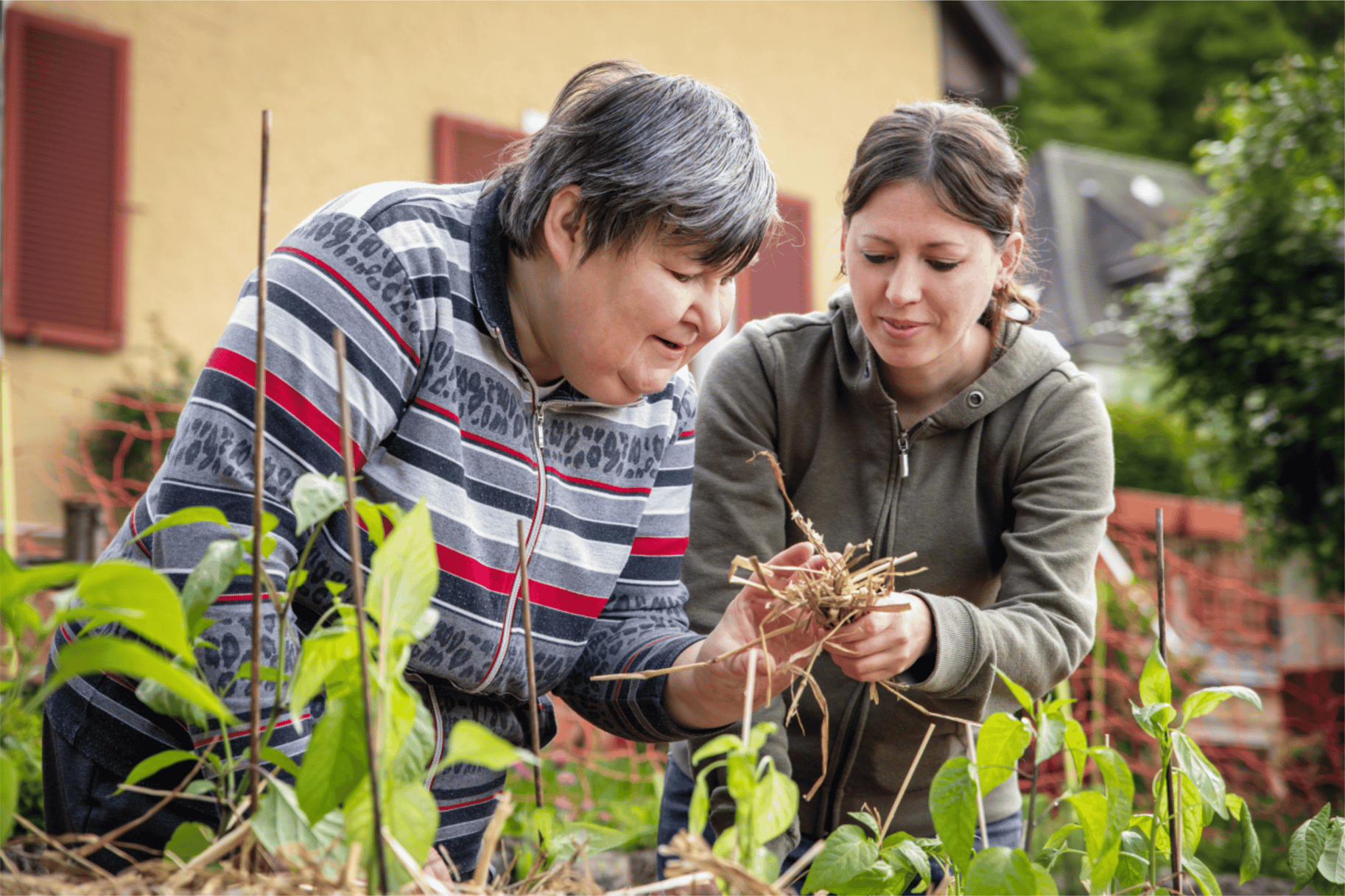 Carer helping person with learning disabilities in the garden