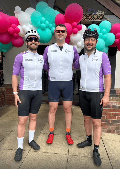 Group shot of cyclists taking part in Great British Care Cycle Relay, cycling from Brighton to London as part of the celebrations for Care Home Open Week.