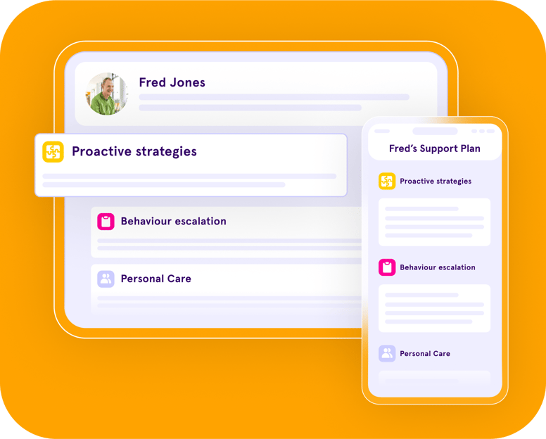 Care management software PBS support plan view showing proactive strategies, behaviour escalation, and personal care