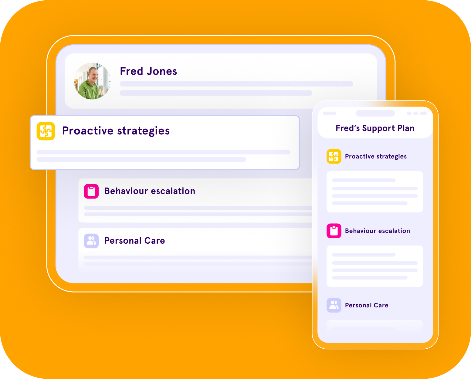 Care management software PBS support plan view showing proactive strategies, behaviour escalation, and personal care
